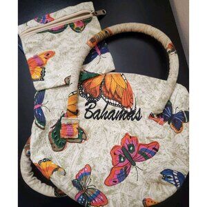 Vintage Bahamas Souvenir Terivoile Butterfly Handbag With Attached Coin Purse